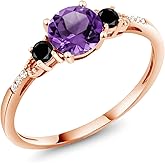 Gem Stone King 10K Rose Gold Purple Amethyst Black Diamond and White Diamond Accent 3-Stone Engagement Ring For Women | 0.87 Cttw | Gemstone Birthstone | Round 6MM & 2.5MM