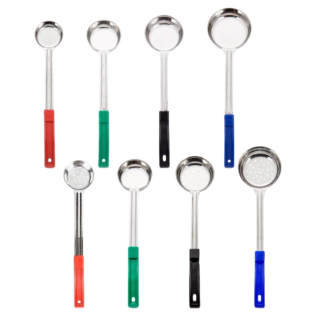 Primelyne Set of 8 Portion Control Serving Spoons, Ladle Set, Spoodle, 4 Perforated and 4 Solid - 2, 4, 6 and 8-Ounce