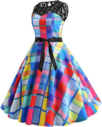 Amazon.com: Vintage Dresses for Women 1950s Sleeveless Lace Splice Print Casual Evening Party 