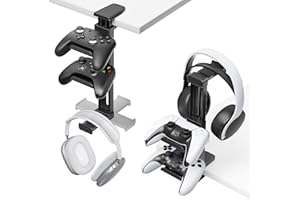 KOSKER Controller Holder & Headphone Stand Under Desk with Adjustable Clamp, Controller Stand&Headset hanger for Desk Mount with 360° Rotating Hook & Cable Organizer, 3-in-1 Gaming Accessories Organizer