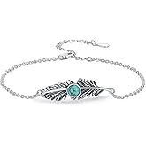 BETHZA Feather Turquoise Bracelet for Women Sterling Silver Genuine Turquoise Gemstone Link Adjustable Bracelet Navajo Jewelry Gift for Birthday Mothers Day (7+2")