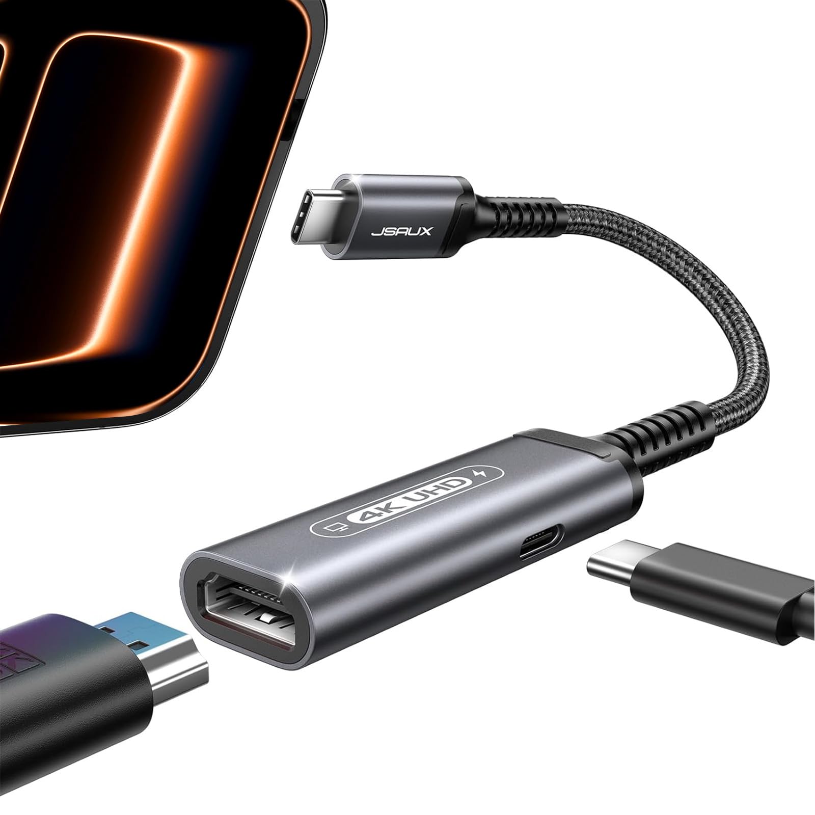 Photo 1 of JSAUX USB C to HDMI with PD Charger Adapter, 2-in-1 Type C to HDMI 4K@30Hz/100W Charging Compatible with iPhone 17 Pro Max/Air/ 16 Pro Max/15 Pro Max,Samsung S24/S23,MacBook,Dell,Steam Deck,ROG Ally