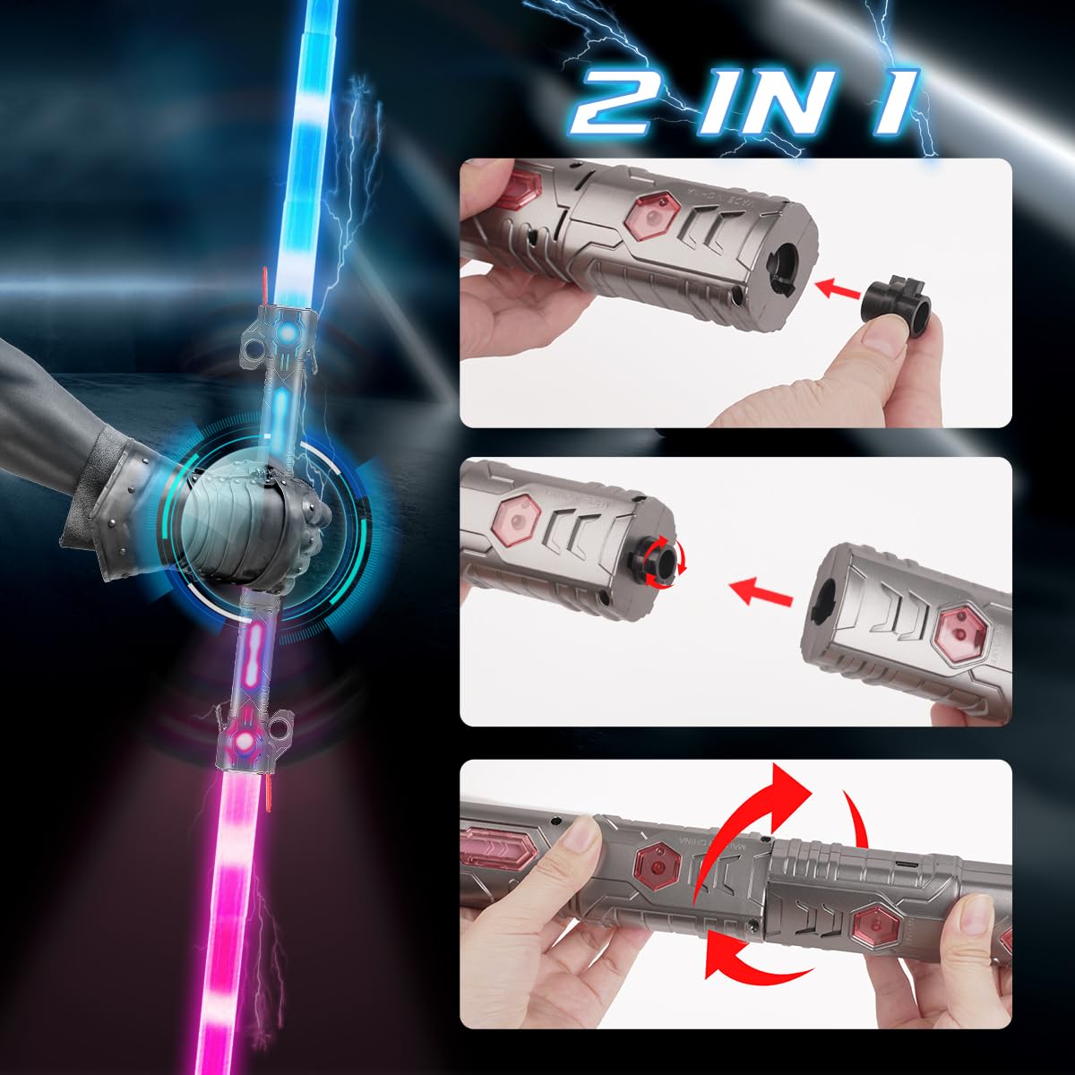 VATOS Wiederaufladbare Lichtschwerter 2er Set für Kinder, 2-in-1 Retractable LED Laserschwert mit 15 Farben & Dynamischem Sound, für Kostüm Cosplay Geburtstagsgeschenk und Rollenspiel 5