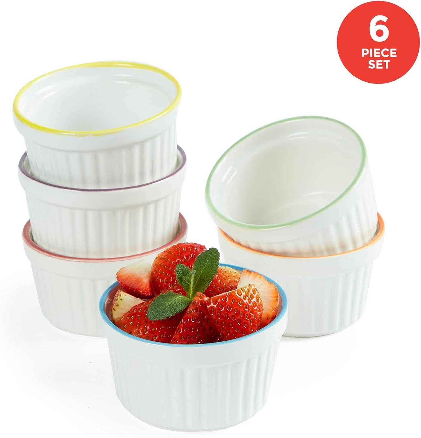 Uno Casa Ceramic White Souffle Dishes, Ramekins - 5 Ounce For Souffle, Creme Brulee and Ice Cream - Set of 6, White with Colored Rims - Package Quantity of 1 includes 6 Ramekins