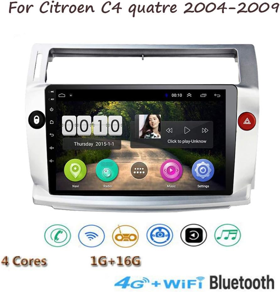 Yuahwyehe Car Stereo 9 Inch Head Unit with Car Radio Touch Screen GPS Navigation Dash Kit Built in DSP 15Band EQ for Citroen C4 Quatre 2004-2009 Support 4G WiFi Bluetooth Screen,BT,Mirror Link