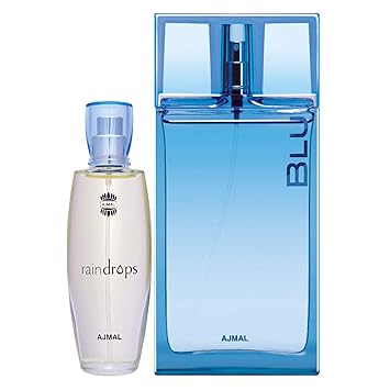Ajmal Raindrops EDP Floral Chypre Perfume 50ml for Women and Blu EDP Aquatic Woody Perfume 90ml for Men + 2 Parfum Testers FREE