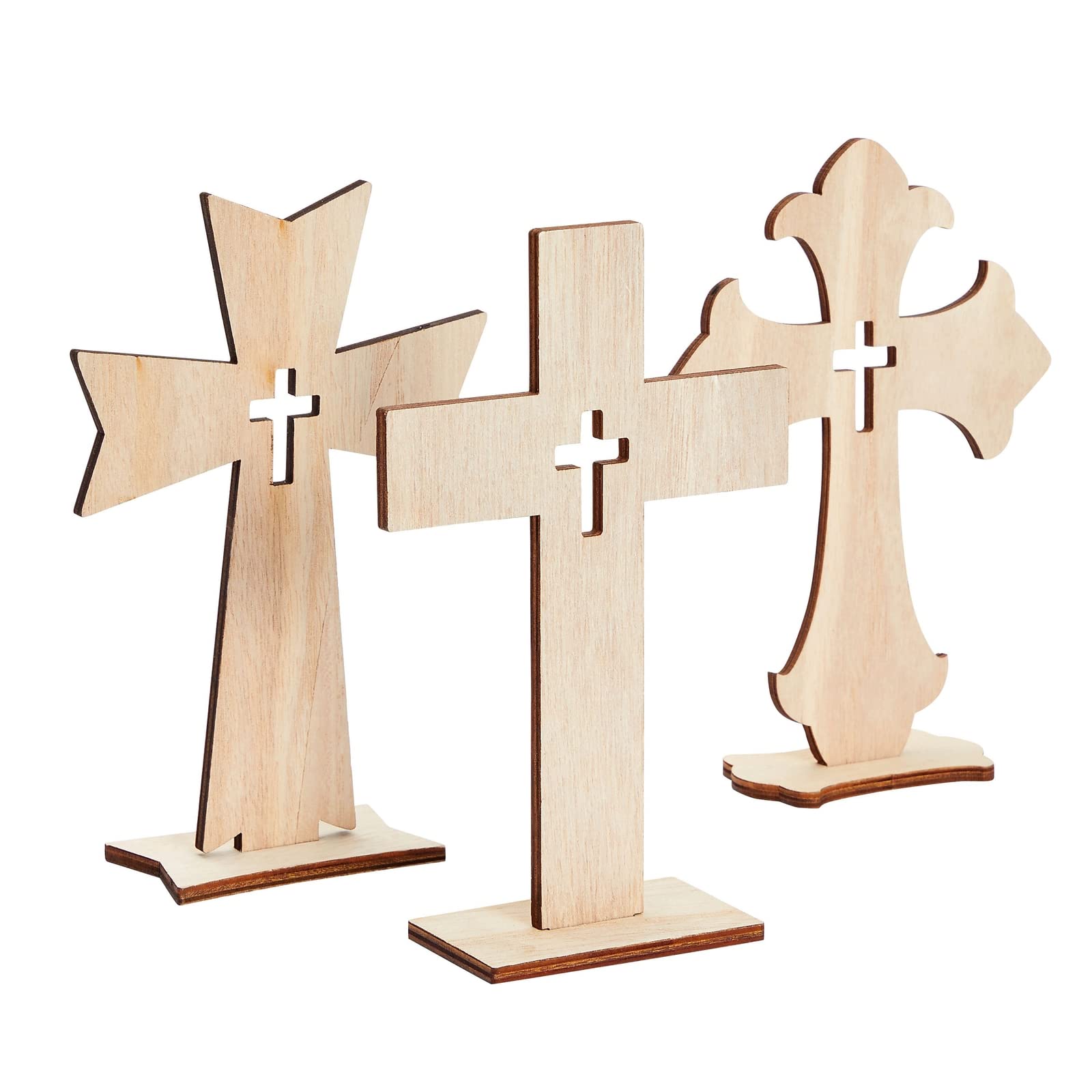 Bright Creations Wooden Crosses for Crafts - 12-Pack, 3 Sizes & Light Brown Unfinished Wood - DIY Blank Crosses with Stands - for Baptism Favors & Table Centerpieces