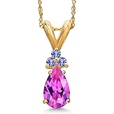 Gem Stone King 14K Yellow Gold Pink Created Sapphire and Blue Tanzanite Pendant Necklace for Women | 1.09 Cttw | Gemstone September Birthstone | Pear Shape 7X5MM | With 18 Inch Chain