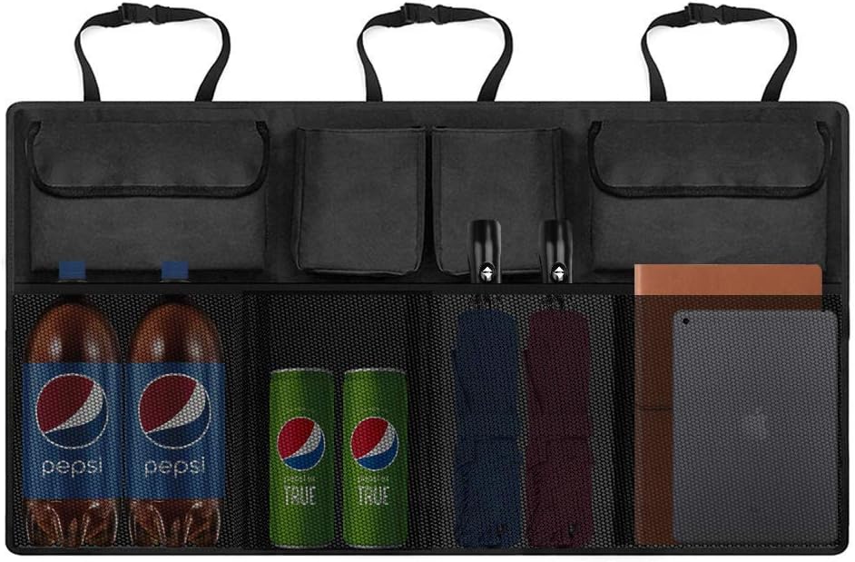 MoKo Car Backseat Organizer, High Capacity Auto Trunk Hanging Storage Bag, Cargo Interior Accessories with Adjust Straps, 4 Various Pockets and Large Mesh Pockets for SUV, Vehicle, Truck, Auto - Black