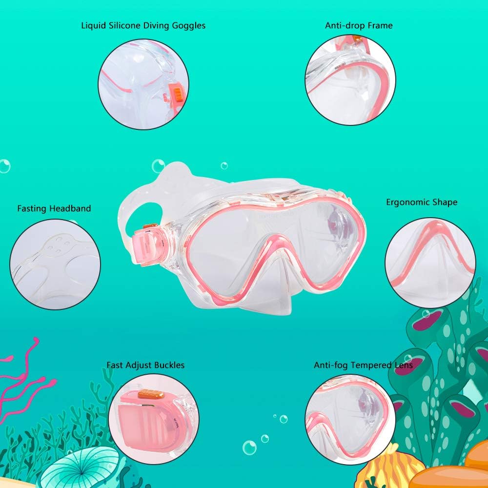 Ertong Children Snorkel Set Kids Scuba Diving Equipment Packages Including Adjustable Swimming Fins/Flippers + Automatic Breathing Tube + Tempered Glass Lens Snorkeling Mask (Rose Red) : Sports & Outdoors