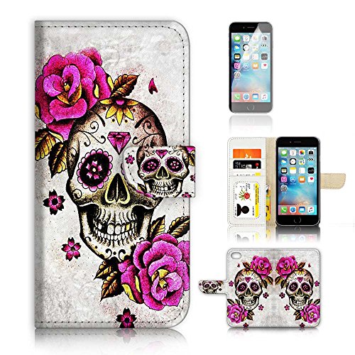 ( For iPhone 8 / iPhone 7 ) Flip Wallet Case Cover and Screen Protector Bundle A4141 Sugar Skull