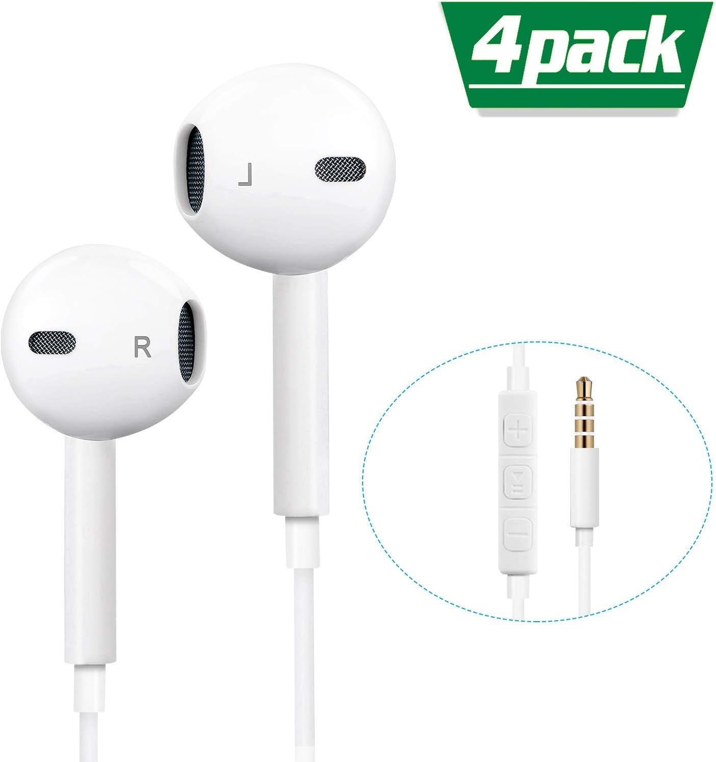 Everdigi Headphones, 4Pack Quality Earbuds Earphones with Microphone and Volume Control, Compatible Phone 6s Plus/6s/6/SE/5s/5c/5 Galaxy and More Android Smartphones 3.5mm Headphones (White)