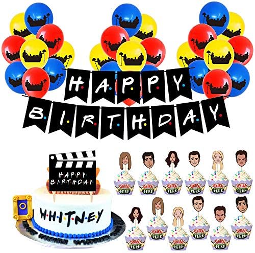 Stology Friends Themed Birthday Decorations Set Black Happy Birthday Banner Decor Tv Show Latex Balloons Cake Cupcake Toppers Party Supplies For Friends Fans Kids Men Women
