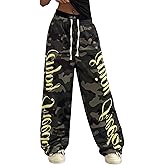 GORGLITTER Women's Low Rise Waist Baggy Camo Pants Wide Leg Sweatpants Y2K Graphic Pants Workout Gym Trousers Trendy