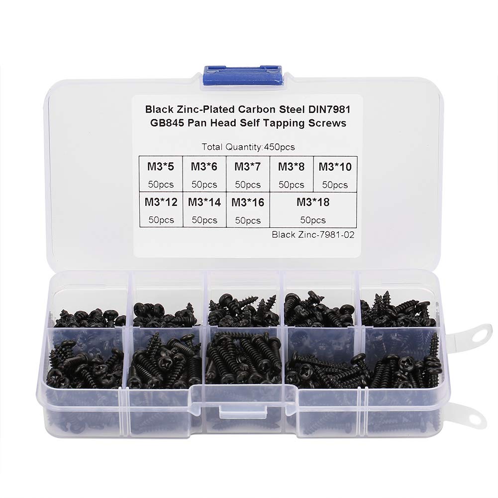 Screws,450 Pcs M3 Stainless Steel Screws Cross Drive Pan Head Self-Tapping Screws Kits with Box for Machine Woodworking Fastener