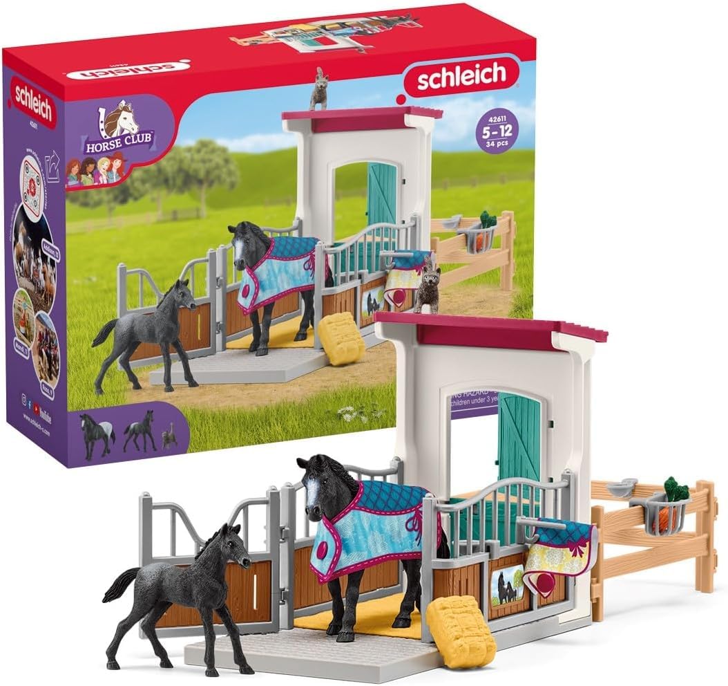 Schleich Horse Club - 34PC Stall Horse Toy Playset with Mare and Foal Figure, Cat Figurine, and Accessories - Stable Extension Set for Girls and Boys - Interactive, Realistic Kids Toys Ages 5+ | 42611 Image