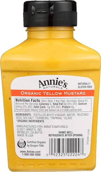ANNIE’S ORGANIC YELLOW MUSTARD, GLUTEN FREE, 9 OZ