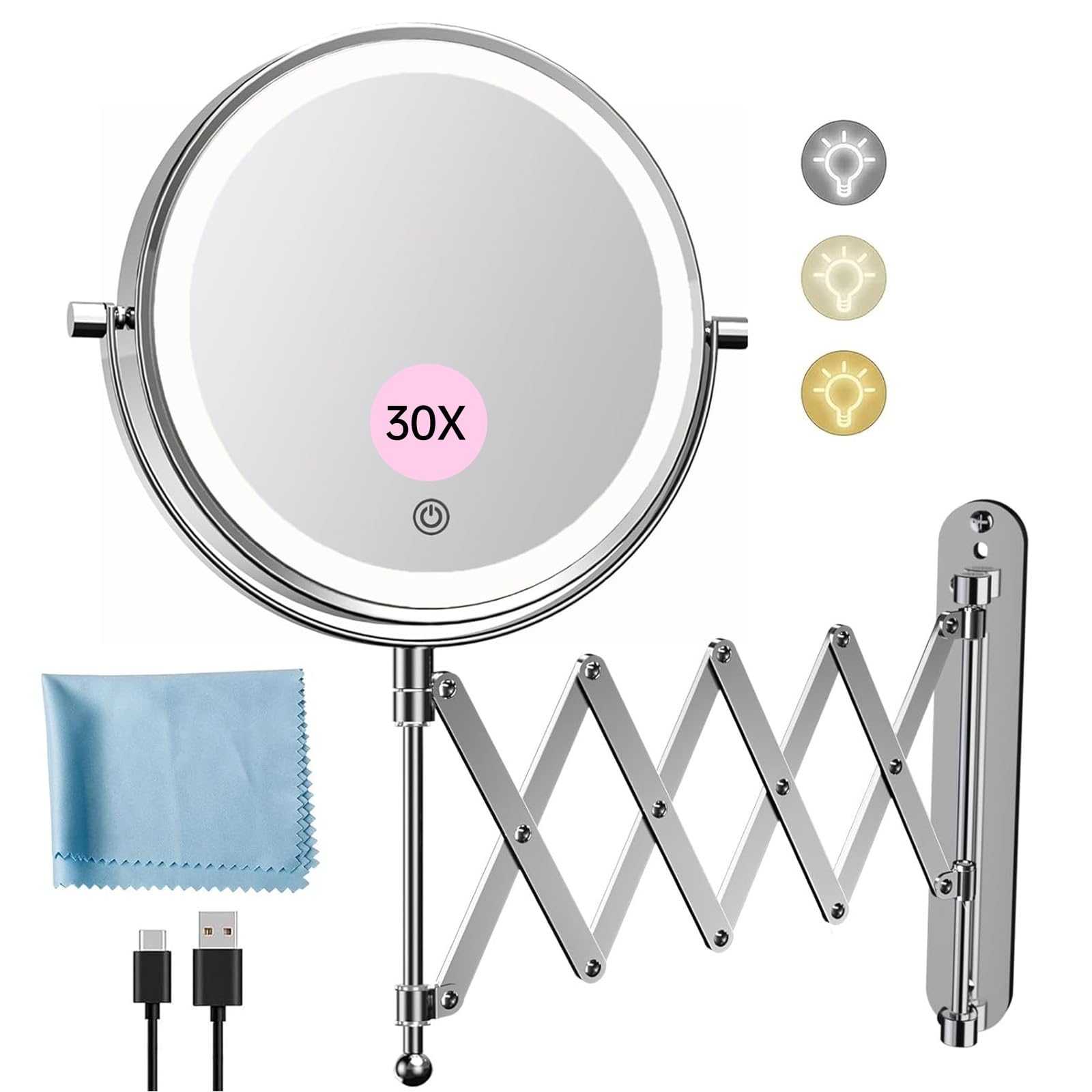 Photo 1 of Rechargeable Wall Mounted Makeup Mirror - 8 Inch Double Sided 1X/30X Magnifying Mirror with 3 Color Lights Dimmable Touch Screen, 360°Swivel 19.6 Inch Extendable Accordion Bathroom Mirror
