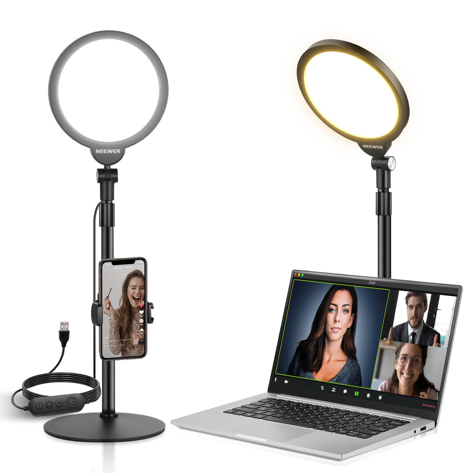 NEEWER BASICS 7" Desktop Phone Selfie Light Kit for Video Conference Lighting, 10W Dimmable Full Screen Ring Light with Stand&Phone Holder for Phone Computer Laptop Vlog Live Streaming Recording, R06