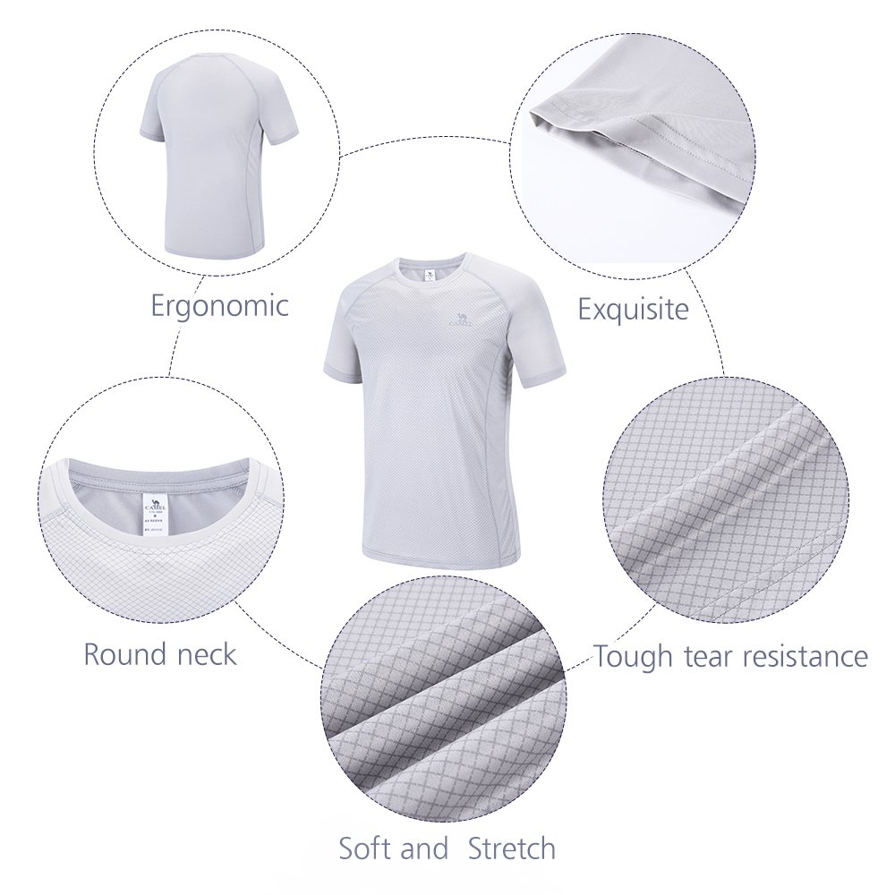 Camel Short Sleeve Shirts for Men Crew Neck Tees T-Shirt Dress Breathable Quick-Dry Casual for Fishing Golf Gym Athletic Running Workout (XXXL Gray)