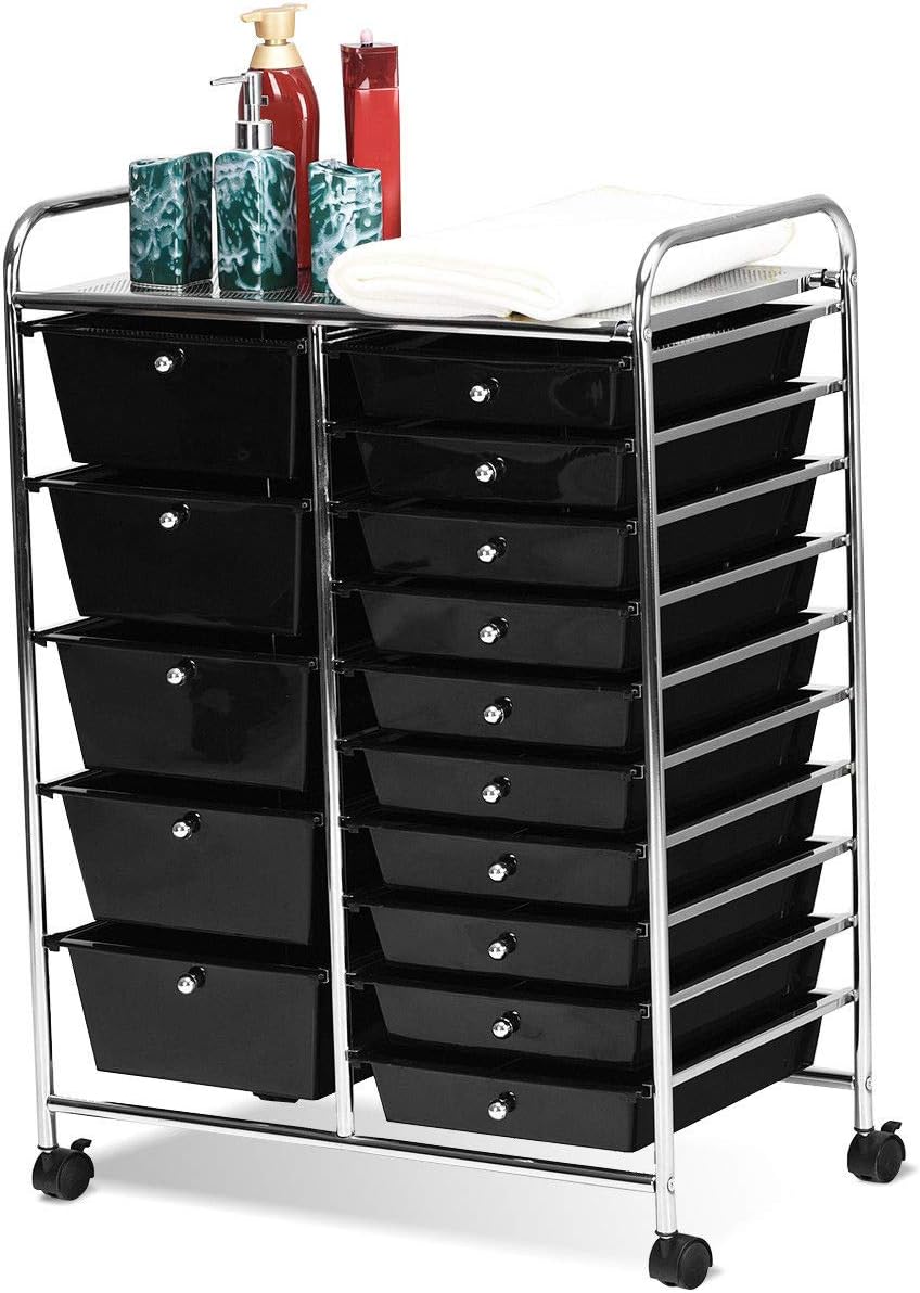 COSTWAYUS Plastic Boxes COSTWAY 15 Drawer Rolling Organizer Cart Utility Storage Tools Scrapbook Paper Multi-Use, Black: Home & Kitchen