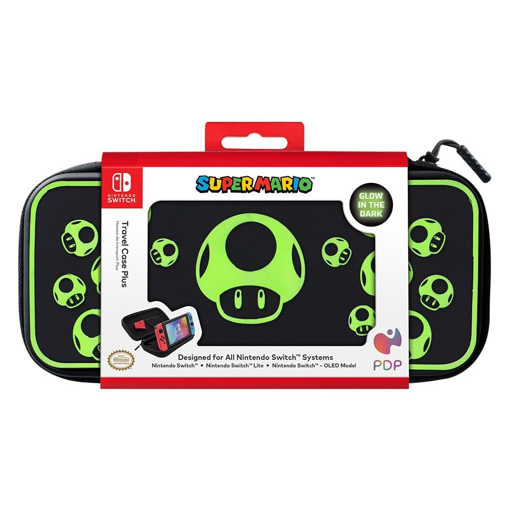 PDP Travel Case Plus with Wrist Strap, Built-in Stand & Storage Pockets - Nintendo Switch/Lite/OLED Compatible - Super Mario 1-Up Glow in the Dark