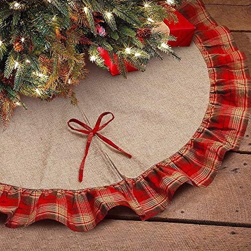 MeeQee 48 Inches Plaid Xmas Tree Skirt, Line Burlap Tree Skirt Red Black Ruffle Edge Holiday Merry Xmas Decoration, Line Burlap