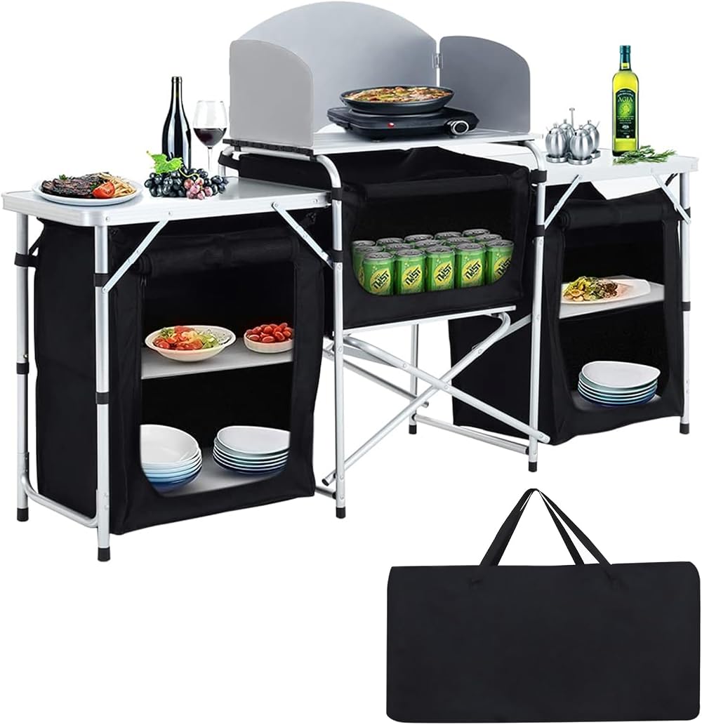 Warmiehomy Folding Camping Storage Cupboard with Aluminium Frame 3+1 Black