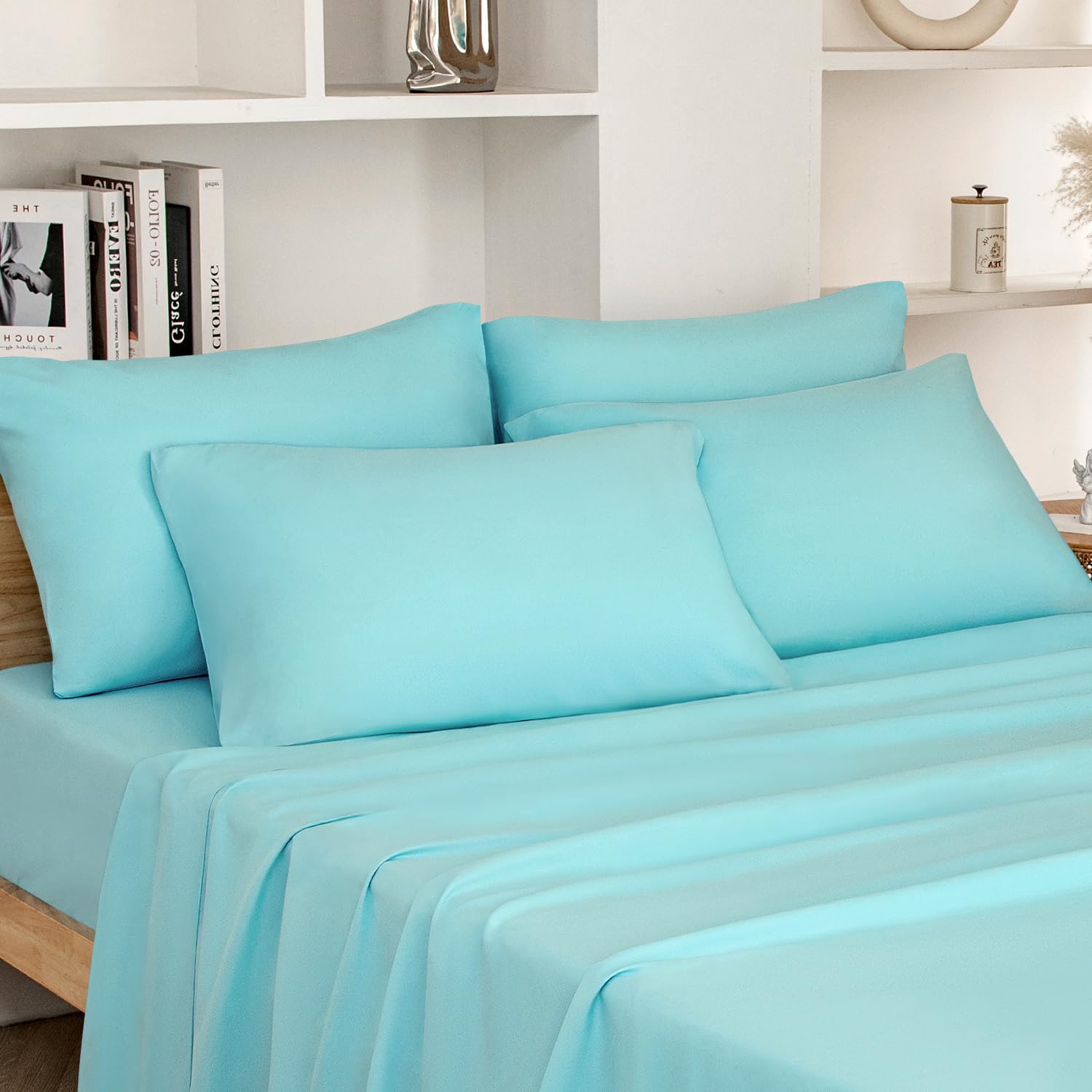 HOMEIDEAS Bed Sheets Set Extra Soft Brushed Microfiber 1800 Bedding Sheets - Deep Pocket, Wrinkle & Fade Free - 6 Piece(Queen,Aqua Blue)