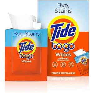 Tide to Go Instant Stain Removing Wipes, 10 Count Wipes (Pack of 2)