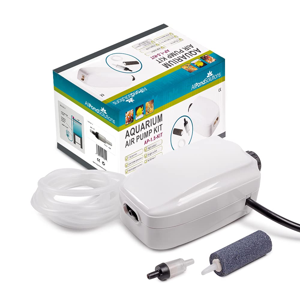 AllPondSolutions Aquarium Air Pump For Fish Tank Coldwater or Tropical up to 90 Litres - Single Outlet - Ultra Quiet Oxygen Pump - Includes Airline Non-Return Valve and Air Stone - Complete Kit