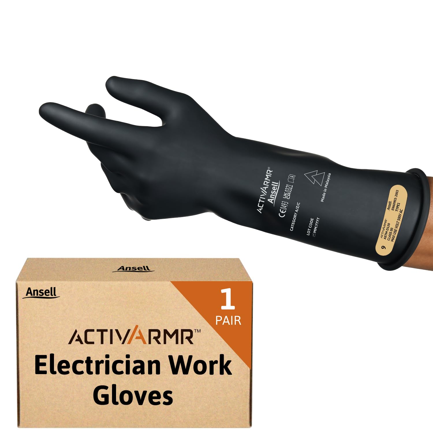 Ansell ActivArmr Electrician Work Gloves, Electrical Protection Class 00 (500V), Insulating Natural Rubber Latex Gloves, Industrial Safety PPE, 14 Inches, Black, Size 2XL (1 Pair)