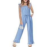 Yousify Girls Jumpsuit Kids Fashion Ruffle Sleeve Belted Wide Leg Romper One Piece Summer Outfits with Pockets 5-14 Years