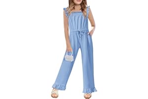 Yousify Girls Jumpsuit Kids Fashion Ruffle Sleeve Belted Wide Leg Romper One Piece Summer Outfits with Pockets 5-14 Years