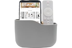 SUNFICON Adhesive Remote Control Holder Universal TV Remote Organizer Caddy Box Tray Wall Mount Media Player Controller Holder Hollow Bottom Slot Easy Phone Charging Home Office Desk Nightstand Gray