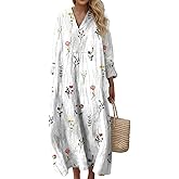 Women's Boho Floral Long Sleeve Beach Vacation Midi Dresses, Plus Size Casual Tunic Flowy V Neck Comfy Cruise Dress for Women
