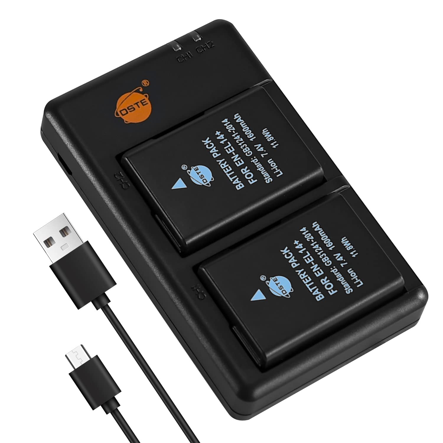 DSTE 2PCS EN-EL14 ENEL14A (1600mAh/7.4V) Battery Charger Set Compatible for Nikon D3400, D5300, D5500, D5600, D3500, D5200, D5100, D3200, Coolpix P7000, P7100, P7700, P7800