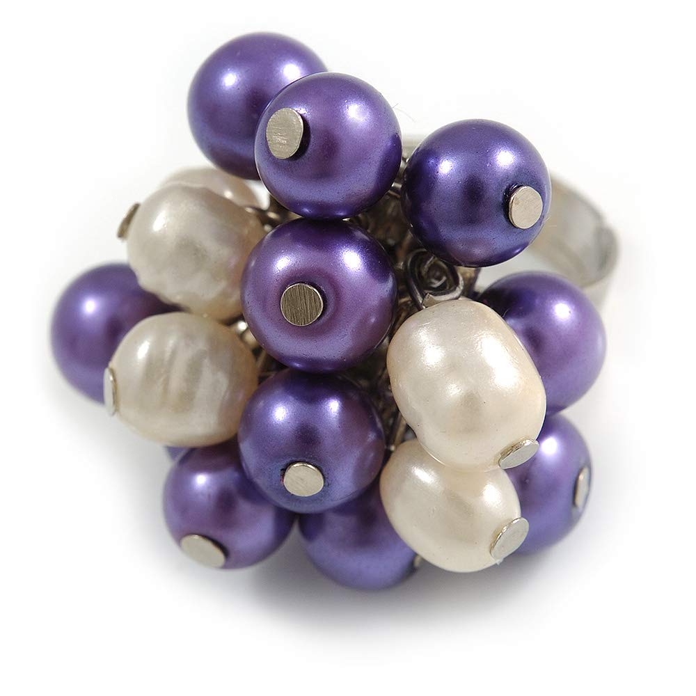 Avalaya Purple/Cream Faux Pearl Bead Cluster Ring in Silver Tone Metal - Adjustable 7/8