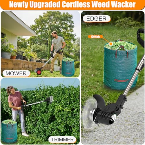 Cordless Weed Wacker Electric Eater Battery Powered with 2 21V Battery Operated, 3 in 1 Stringless Grass Trimmer/Edger/Brush Cutter Wheels Weed Trimmer for Garden Yard