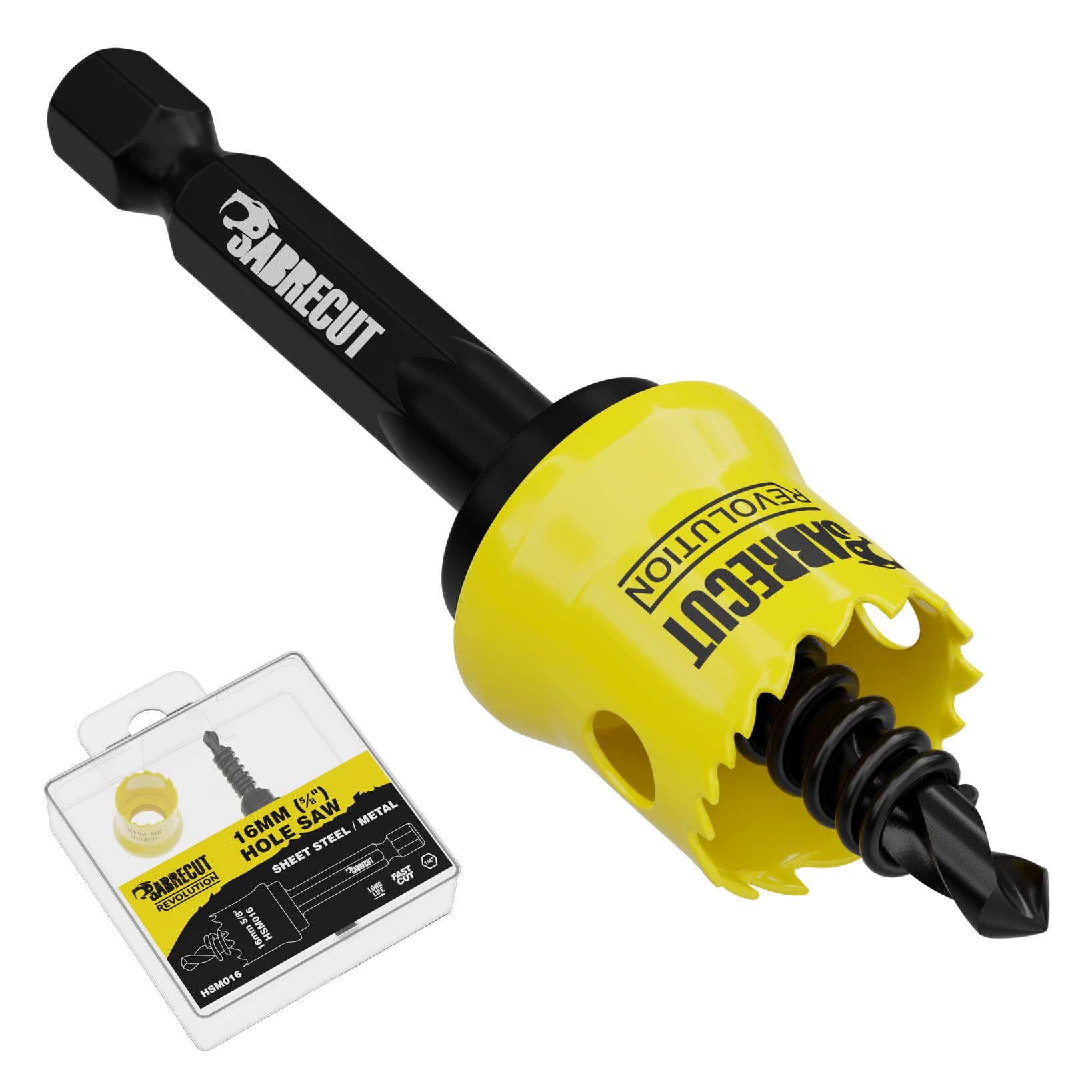1 x SabreCut HSM016 16mm High Performance Thin Wall Sheet Steel Hole Saw Kit Features Steel Body and HSS M42 Cobalt Arbour with Progressive Tooth Profile for Cutting Wood, Plastic and Steel