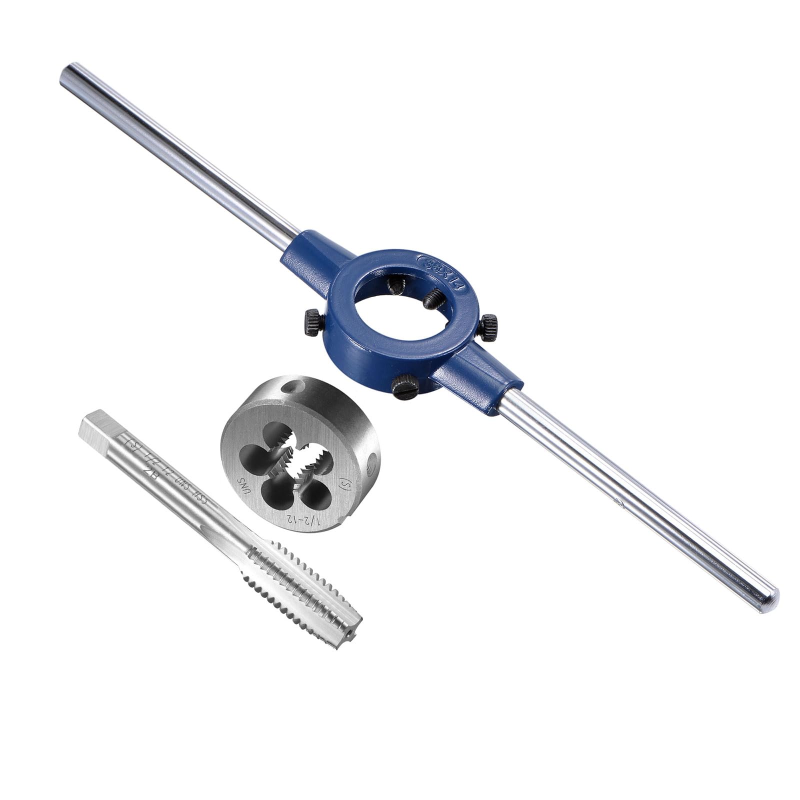 CoCud Tap and Die Stock Handle Set, 1/2-12 UNS Die & Fit 26mm-38mm OD / M12-M16 Die, High Speed Steel Thread Tapping and Wrench Tool Kit - (Applications: for Threading Repairing)