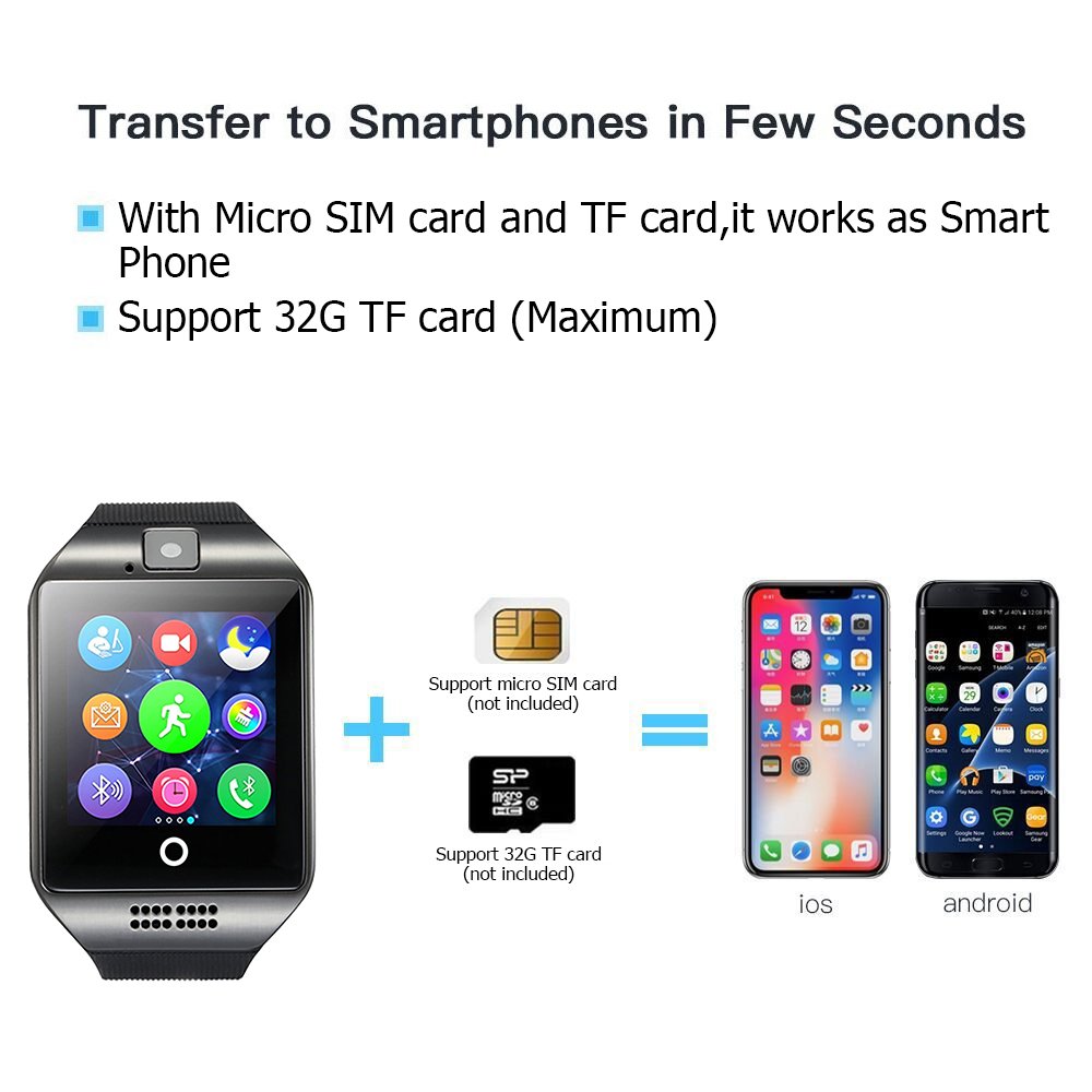 Bluetooth Smart Watch,gearlifee Android IOS Curved-Screen Smartwatch Smartphone Fitness Tracker Watch for Men,with Camera,SIM TF Card Slot,Pedometer,Sleep Monitor for iPhone,Sumsang,Huawei,Sony,LG,Google,HTC,Xiaomi(Black)