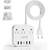 European Plug Adapter, Unidapt US to UK Europe Power Strip for EU/UK/US with USB C and 4 USB Ports, 3 AC Outlets, Wall Mountable, 5ft Extension Cord, for Travel Cruise Ship Home