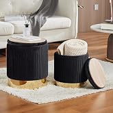 2BYF Round Ottoman with Storage Set of 2 Black Vanity Stool Foot Rest | Removable Lid, Gold and Black Ottoman,Hidden Storage Stool, Small Coffee Table for Living Room,Nest Packing, Assembly Free