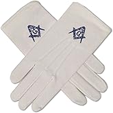 Blue Square & Compass Masonic Embroidered Cotton Gloves - [White]