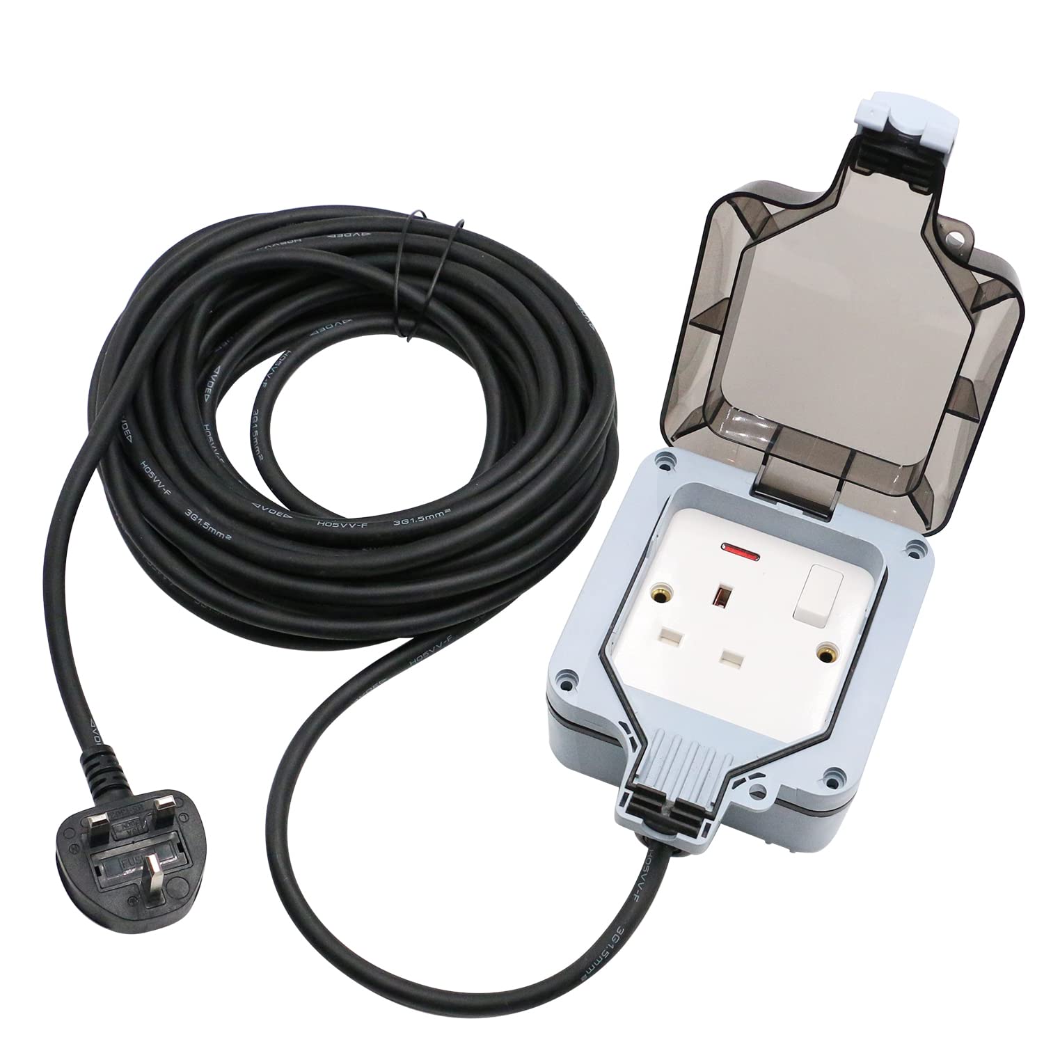 Outdoor Extension Lead Waterproof 10M Long Extension Cord IP66 Garden 1 Gang Weatherproof Single Switched Socket Outside Use
