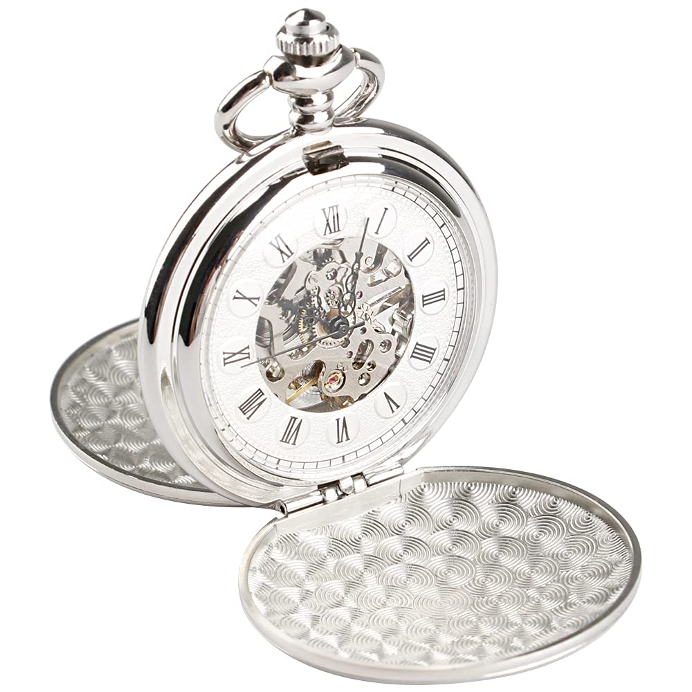 Tiong Double Hunter Mechanical Pocket Watch Full Luxury Silver Color Men Women Stylish Retro FOB Hand Wind Groom Groomsmen Wedding Pocket Watches Gift with Box