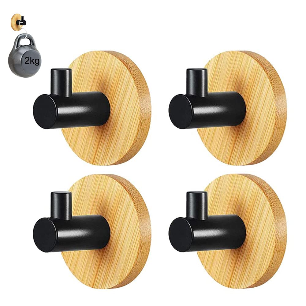 XYJJ 4pcs Stainless Steel & Wood Towel Hooks, Damage-Free Wall Mount, High Load Capacity, Wide Application, Modern Design, Bathroom Decor, Black, Wood Color