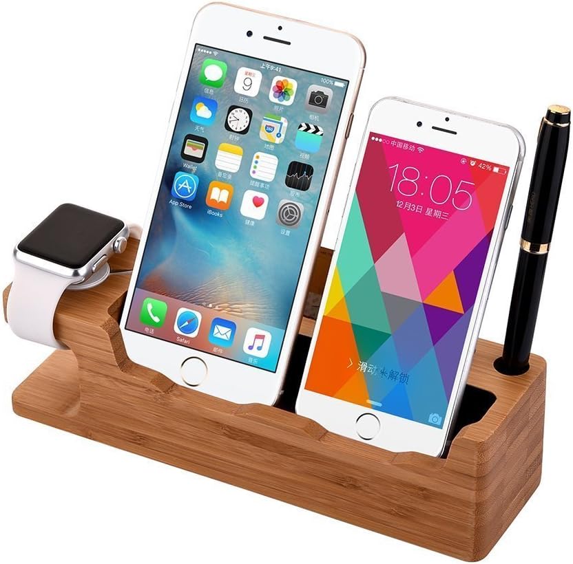 XPhonew 2 in 1 Bamboo Multifunction Charger Cradle Holder Charging Docking Station Charge Stand Compatible iPhone 16 15 14 13 12 Pro Max Apple Watch Ulrta 10 9 8 7 6 5 4 3 2 iWtach Samsung Smartphones