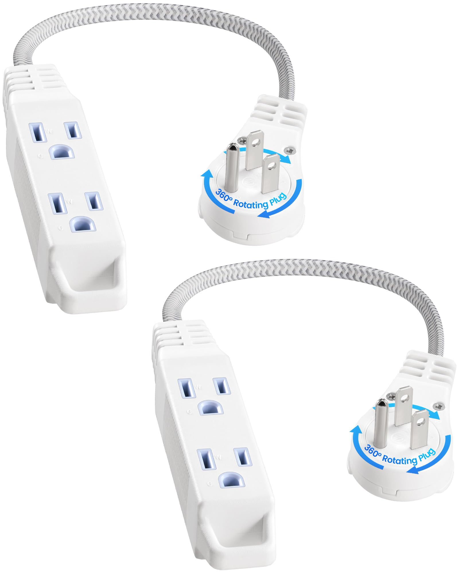 Photo 1 of SURAIELEC 1FT Extension Cord, 360° Rotating Flat Plug Extension Cord Flat Wall Plug with 3 Outlets, White Braided Flat Cord for Indoor Use, Compact Areas, 16/3C SPT, ETL Listed, 2 Pack